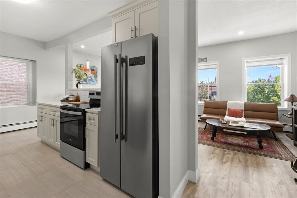 Interior, Kitchen, Living room, Recessed Lighting, Stainless Steel Appliances, Wood Texture Flooring