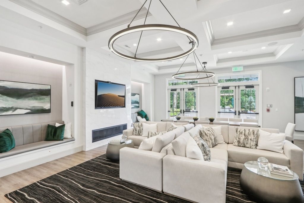 Fireplace, Interior, Living room, Pendant Lights, Recessed Lighting, Wood Texture Flooring