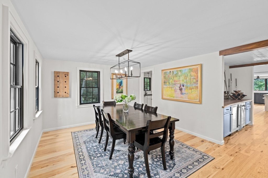 Dining room, Interior, Pendant Lights, Wooden Beams, Wood Texture Flooring