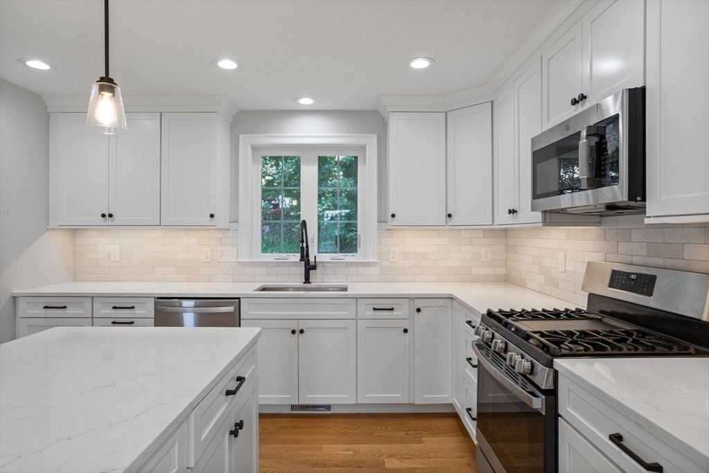 Interior, Kitchen, Pendant Lights, Recessed Lighting, Stainless Steel Appliances, Wood Texture Flooring