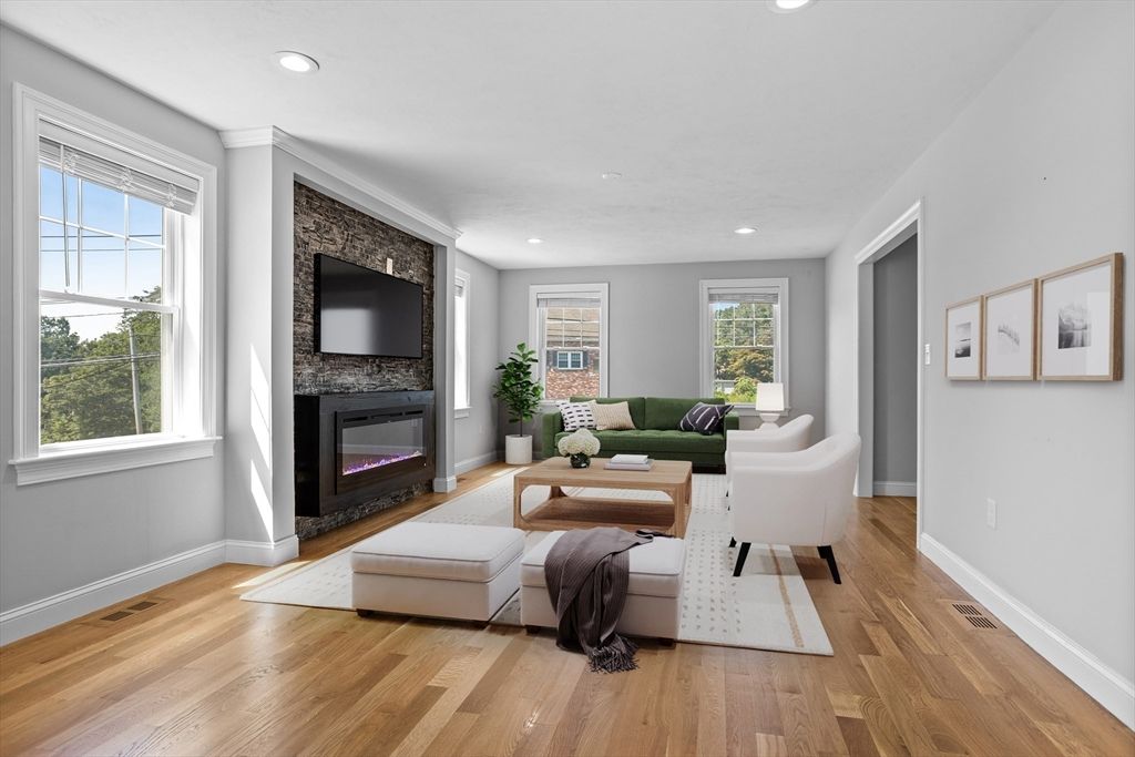 Fireplace, Interior, Living room, Recessed Lighting, Wood Texture Flooring