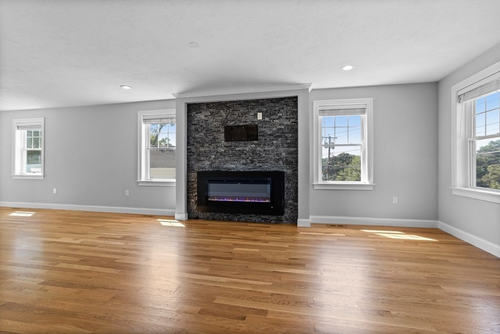Empty room, Fireplace, Interior, Recessed Lighting, Wood Texture Flooring