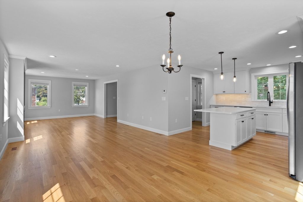 Empty room, Interior, Kitchen, Pendant Lights, Recessed Lighting, Wood Texture Flooring