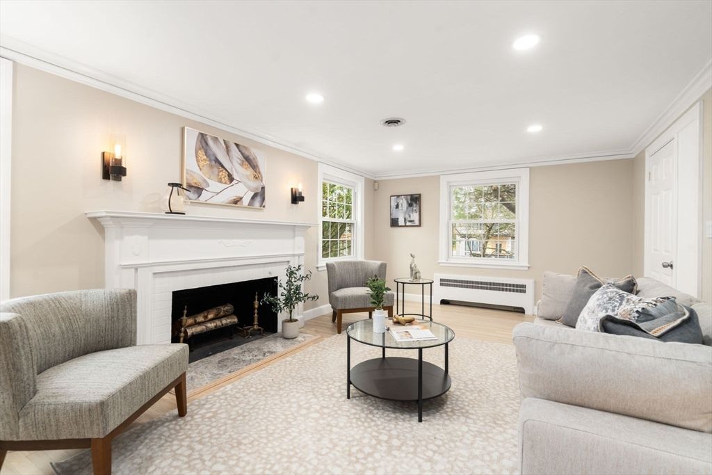 Fireplace, Interior, Living room, Recessed Lighting, Wood Texture Flooring