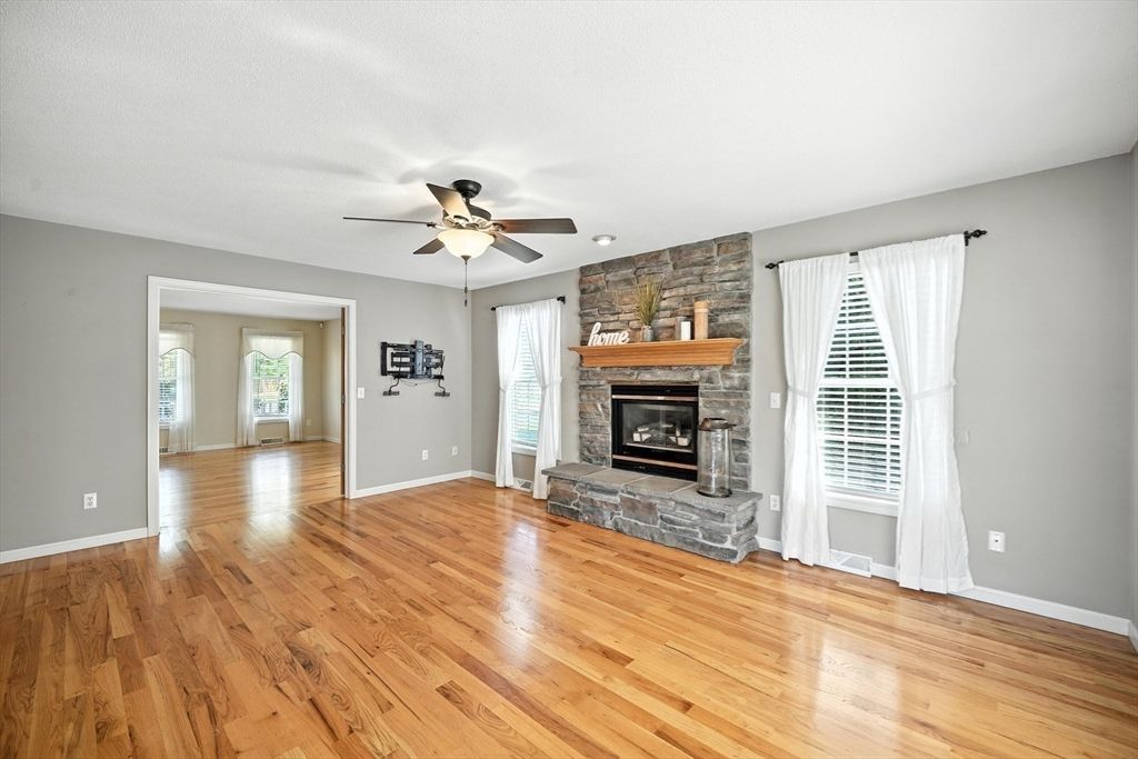 Empty room, Fireplace, Interior, Stone Walls, Wood Texture Flooring