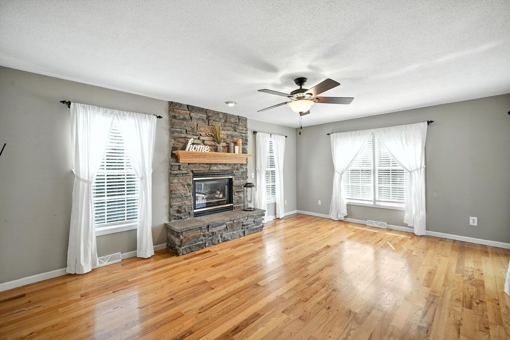 Empty room, Fireplace, Interior, Stone Walls, Wood Texture Flooring