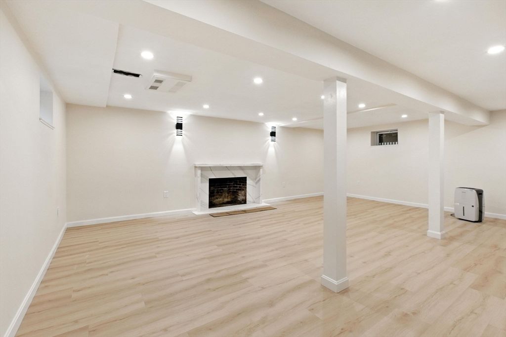 Empty room, Fireplace, Interior, Recessed Lighting, Wood Texture Flooring