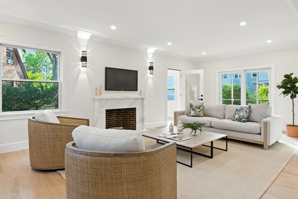 Fireplace, Interior, Living room, Recessed Lighting, Wood Texture Flooring