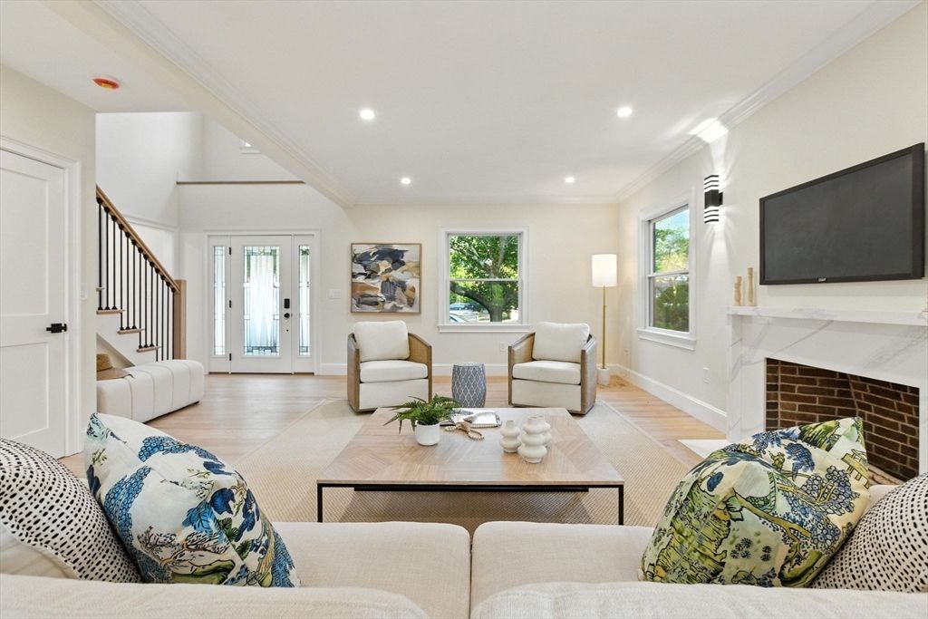 Fireplace, Interior, Living room, Recessed Lighting, Wood Texture Flooring