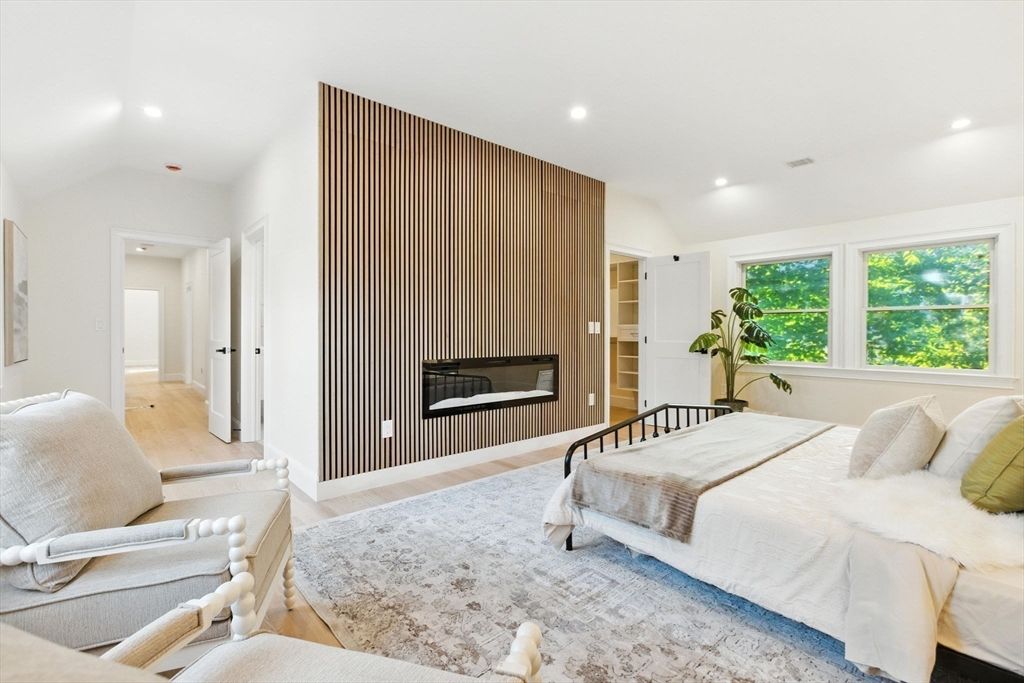 Bedroom, Fireplace, Interior, Recessed Lighting, Wood Texture Flooring