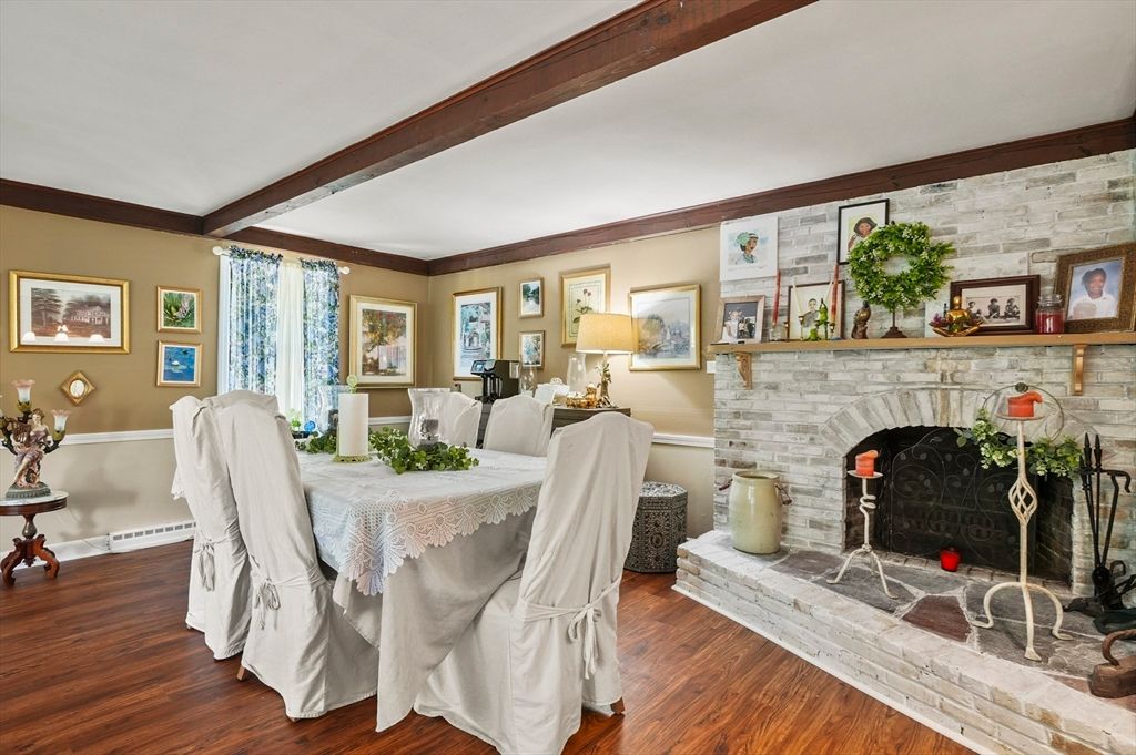 Dining room, Fireplace, Interior, Stone Walls, Wooden Beams, Wood Texture Flooring