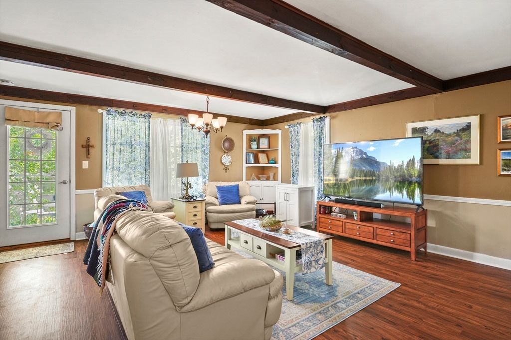 Chandelier, Interior, Living room, Wooden Beams, Wood Texture Flooring
