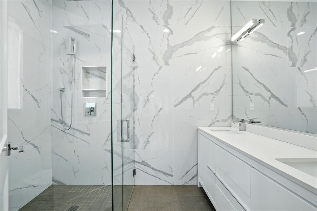 Bathroom, Dual Sink Vanities, Glass Shower, Interior, Marble Walls