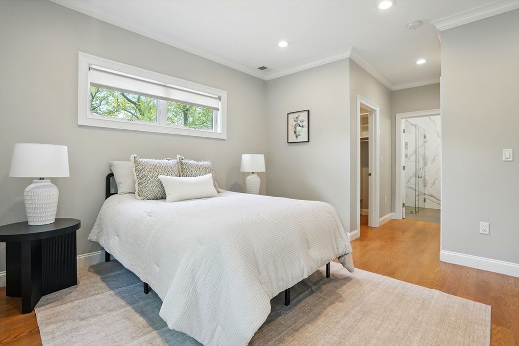 Bedroom, Interior, Recessed Lighting, Wood Texture Flooring