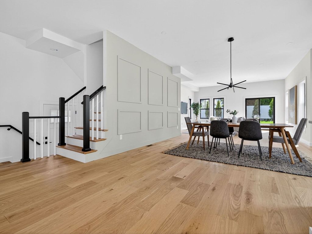 Dining room, Interior, Pendant Lights, Wood Texture Flooring