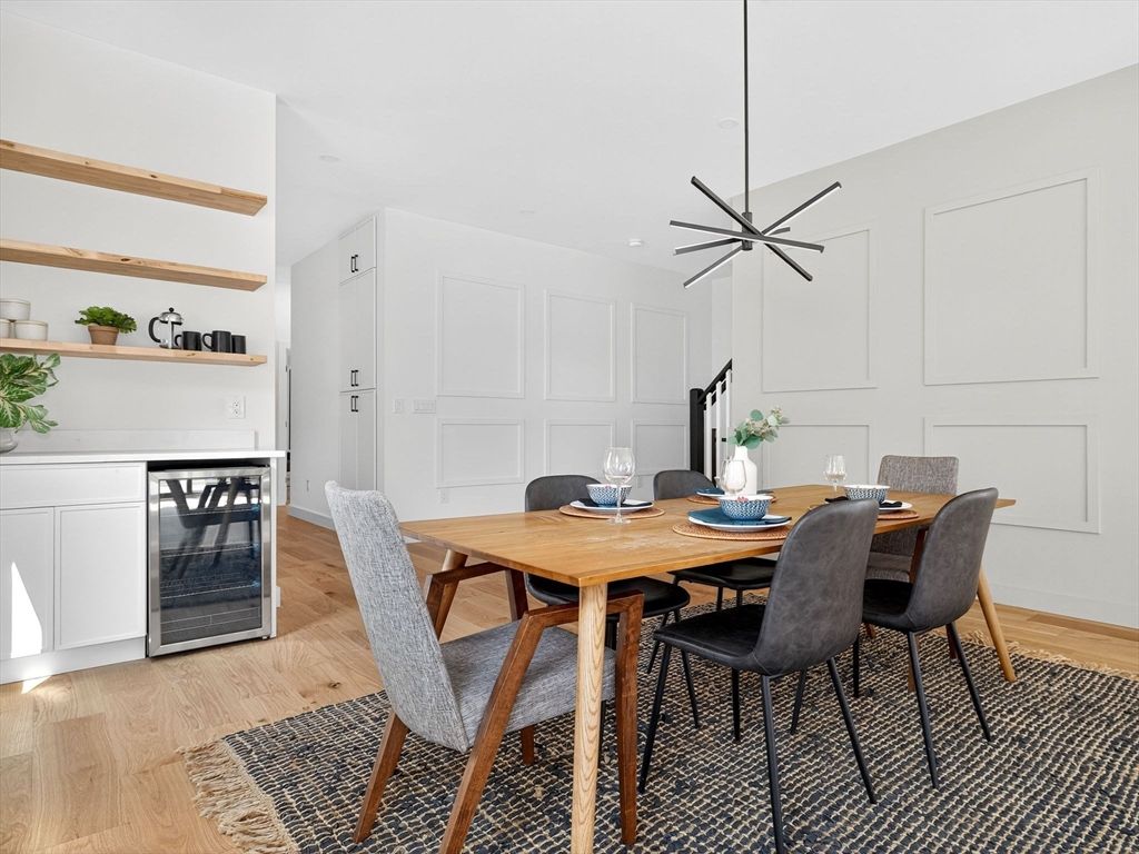 Dining room, Interior, Pendant Lights, Recessed Lighting, Wood Texture Flooring