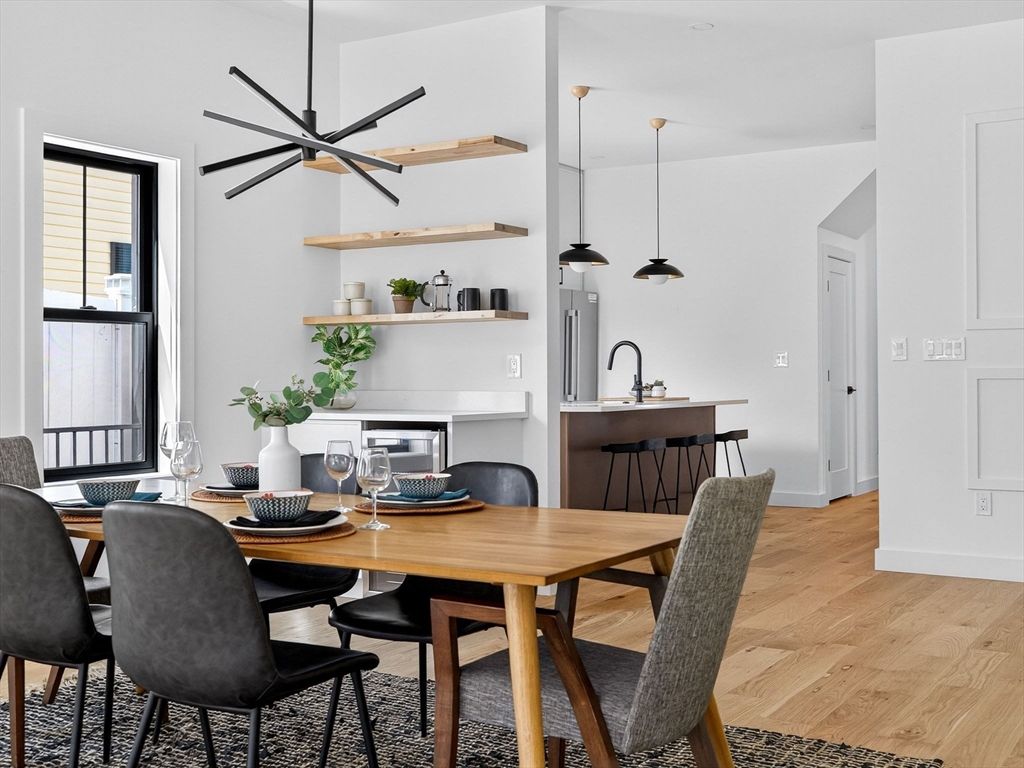 Dining room, Interior, Pendant Lights, Wood Texture Flooring