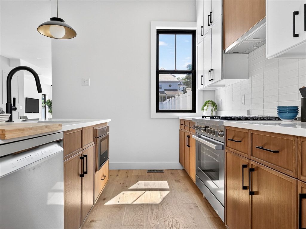Interior, Kitchen, Pendant Lights, Stainless Steel Appliances, Wood Texture Flooring