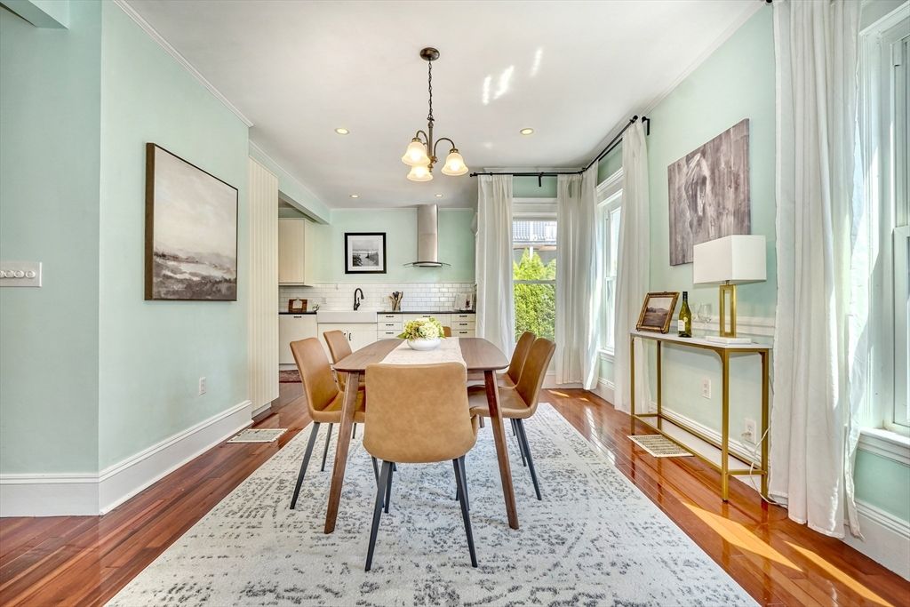 Dining room, Interior, Pendant Lights, Recessed Lighting, Wood Texture Flooring
