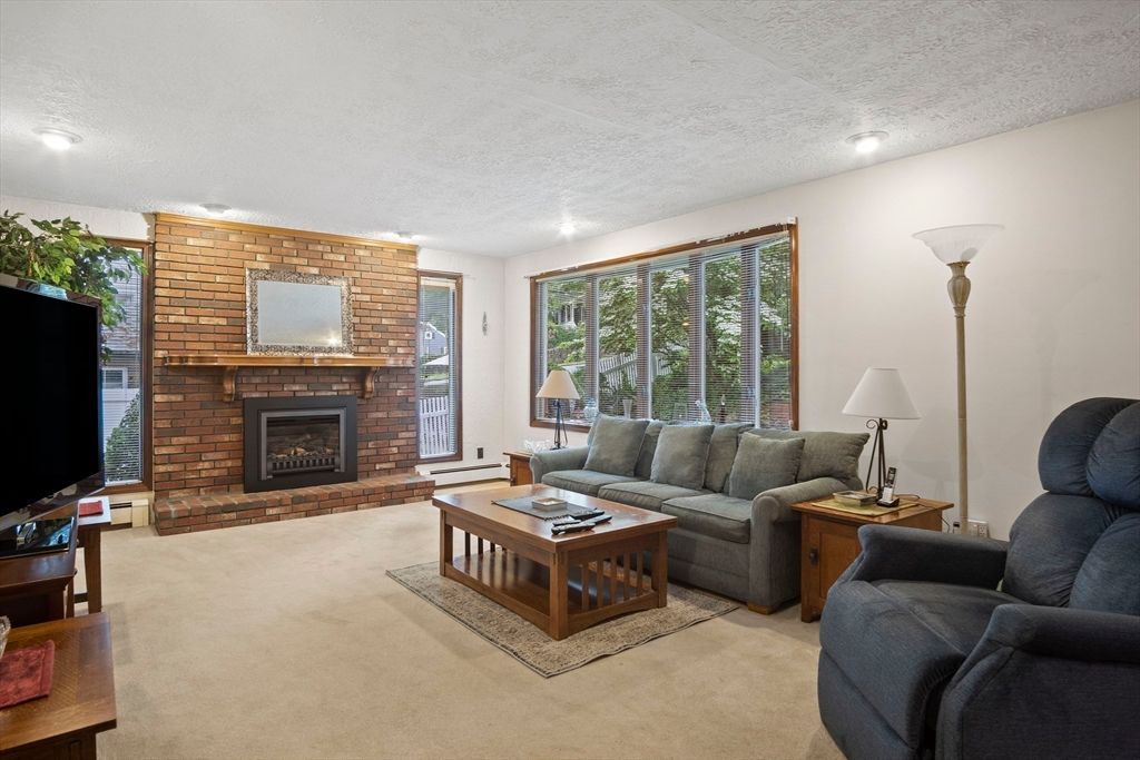 Fireplace, Interior, Living room, Recessed Lighting, Stone Walls