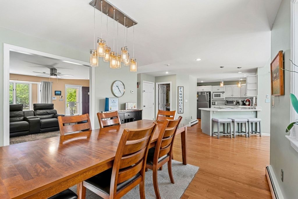 Dining room, Interior, Kitchen, Living room, Pendant Lights, Recessed Lighting, Stainless Steel Appliances, Wood Texture Flooring