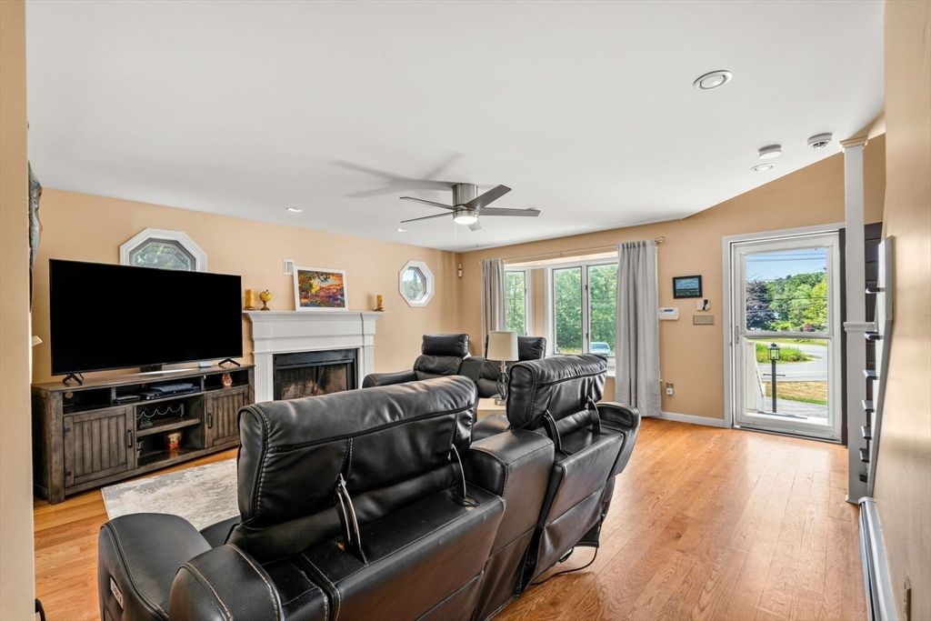 Home Theatre Room, Fireplace, Interior, Living room, Recessed Lighting, Wood Texture Flooring