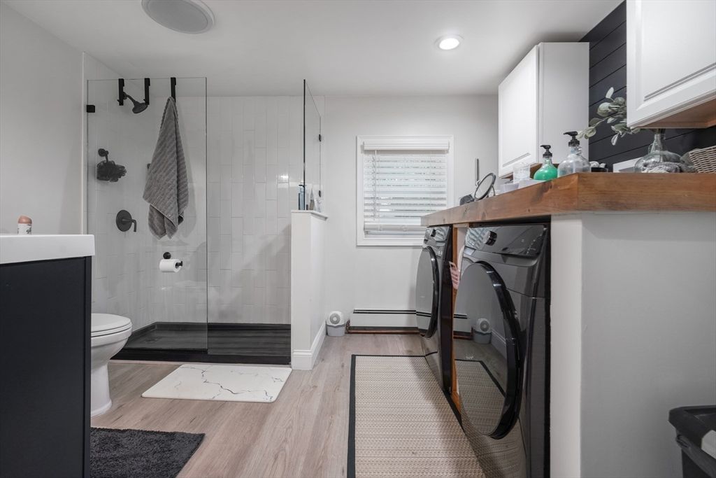 Bathroom, Glass Shower, Interior, Recessed Lighting, Wood Texture Flooring