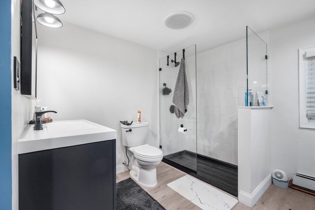 Bathroom, Glass Shower, Interior, Wood Texture Flooring