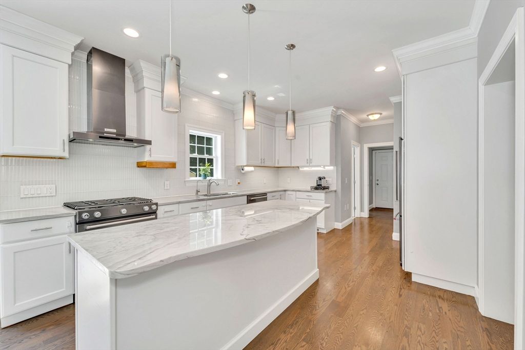 Interior, Kitchen, Pendant Lights, Recessed Lighting, Stainless Steel Appliances, Wood Texture Flooring