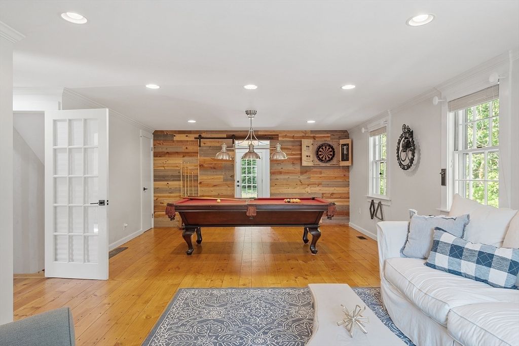 Billiard Table, Game Room, Interior, Pendant Lights, Recessed Lighting, Stone Walls, Wood Texture Flooring, Wooden Walls