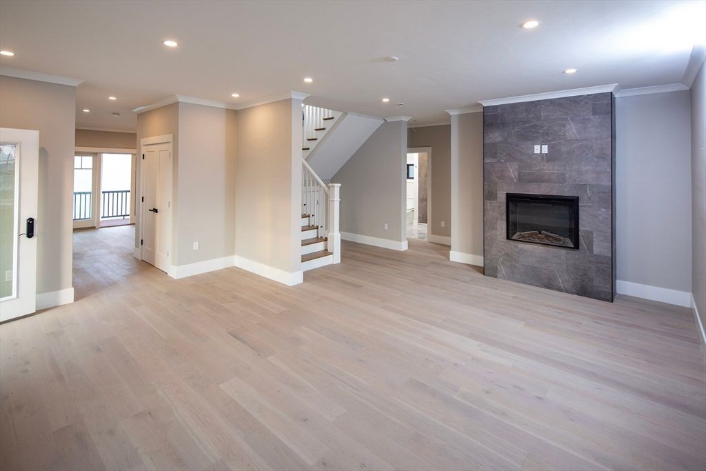 Empty room, Fireplace, Interior, Recessed Lighting, Wood Texture Flooring