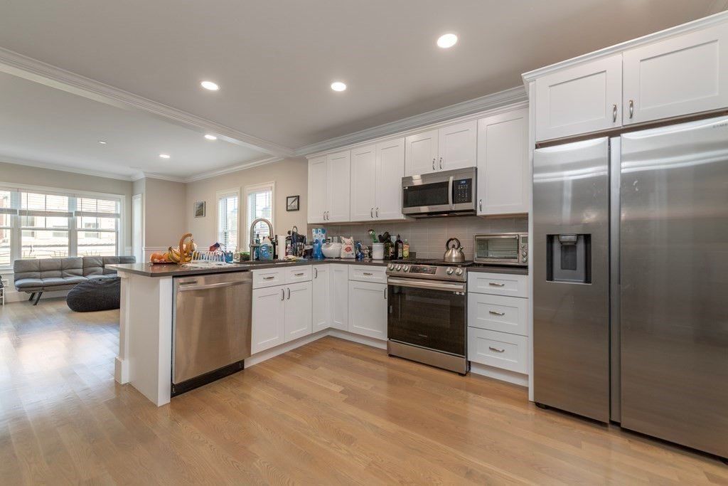 Interior, Kitchen, Recessed Lighting, Stainless Steel Appliances, Wood Texture Flooring