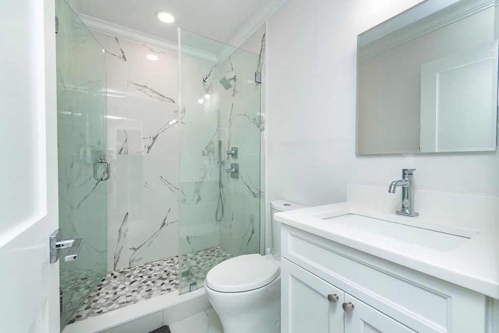 Bathroom, Glass Shower, Interior, Marble Walls, Recessed Lighting
