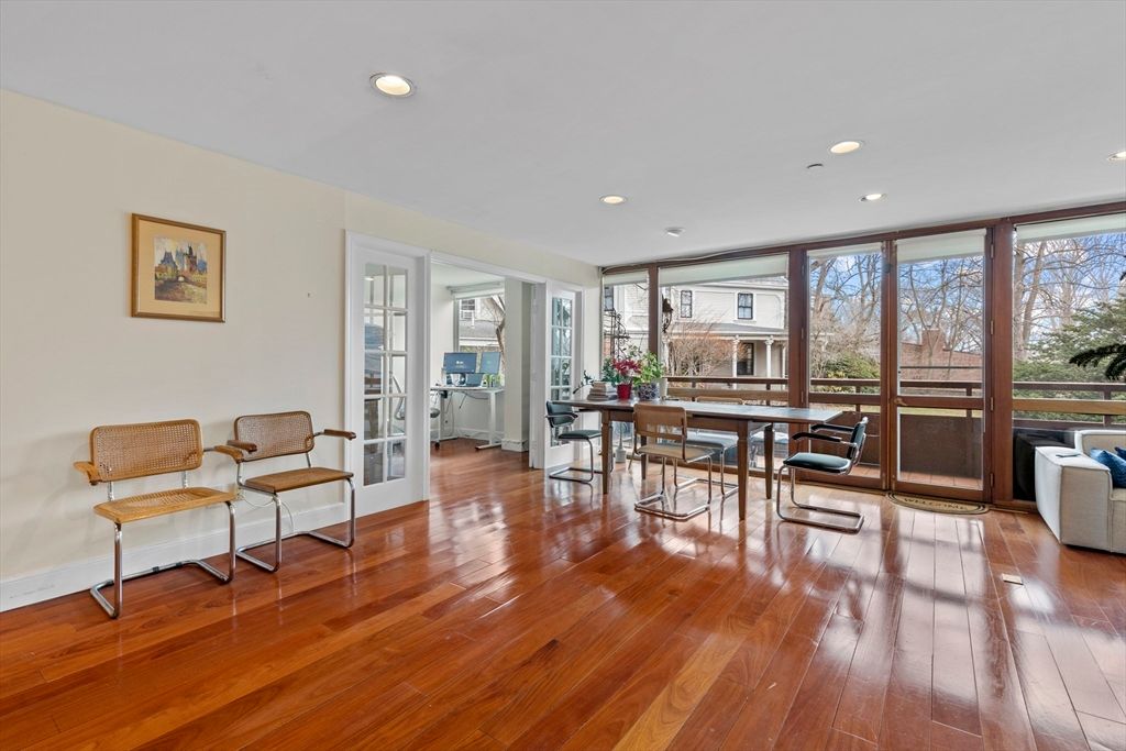 Dining room, Fireplace, Interior, Living room, Recessed Lighting, Wood Texture Flooring