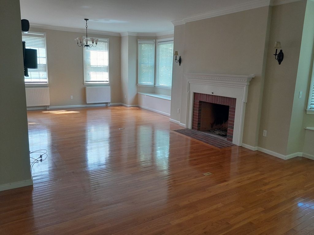 Chandelier, Empty room, Fireplace, Interior, Wood Texture Flooring