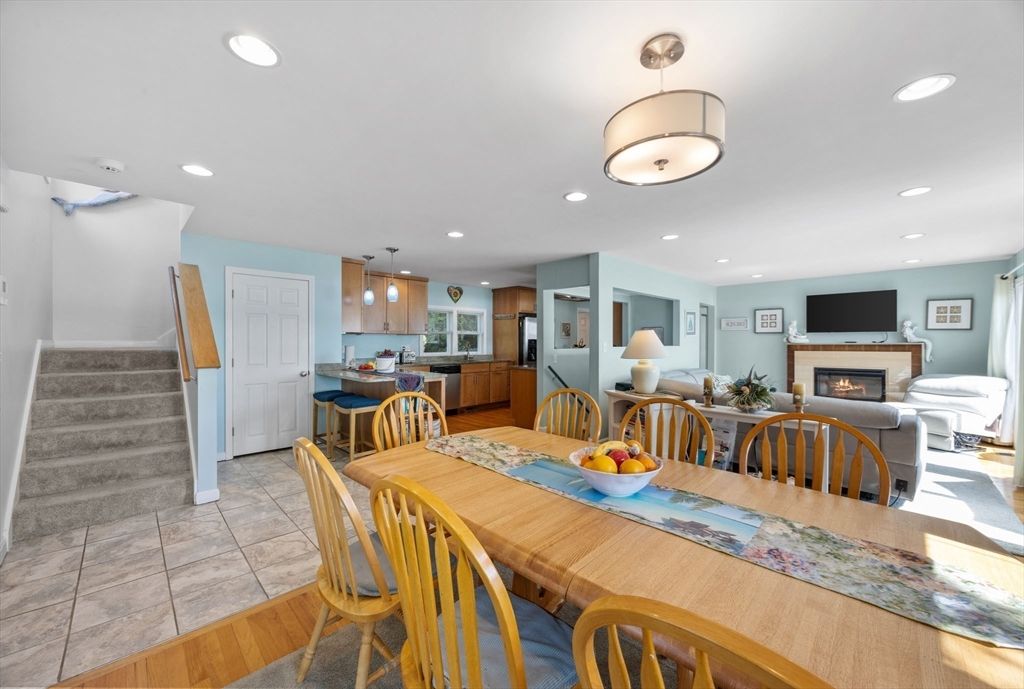 Dining room, Fireplace, Interior, Kitchen, Living room, Pendant Lights, Recessed Lighting