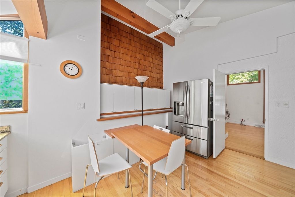 Dining room, Interior, Kitchen, Stainless Steel Appliances, Stone Walls, Wood Texture Flooring