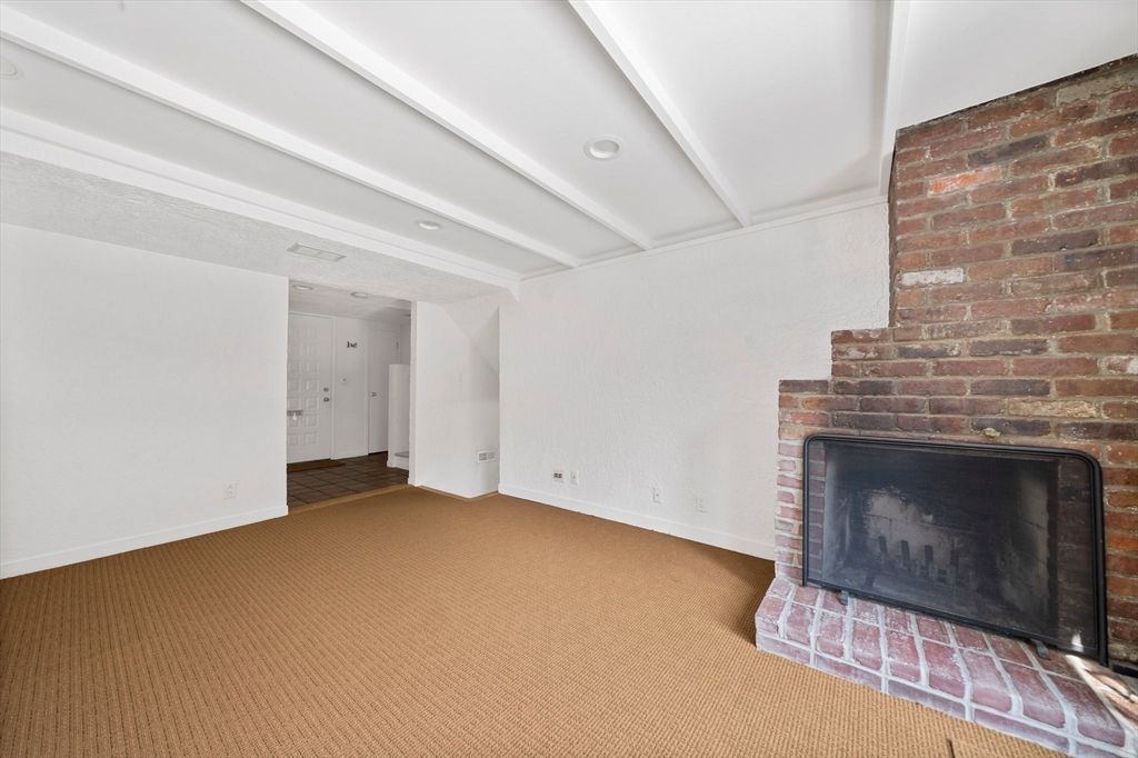Empty room, Fireplace, Interior, Recessed Lighting, Stone Walls
