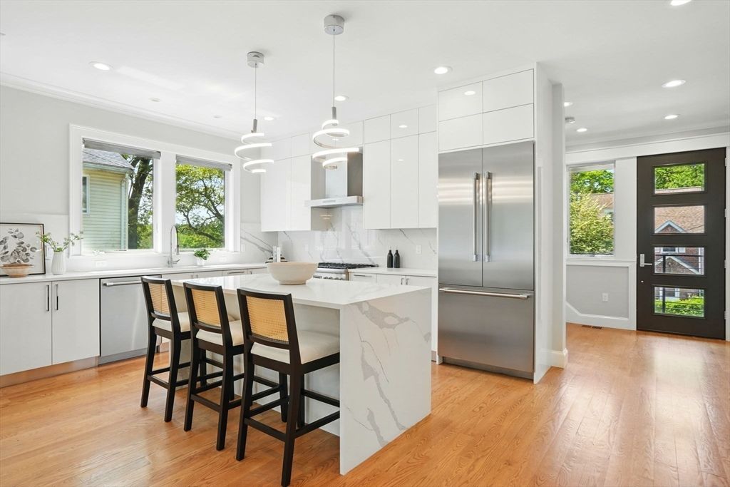 Interior, Kitchen, Pendant Lights, Recessed Lighting, Stainless Steel Appliances, Wood Texture Flooring