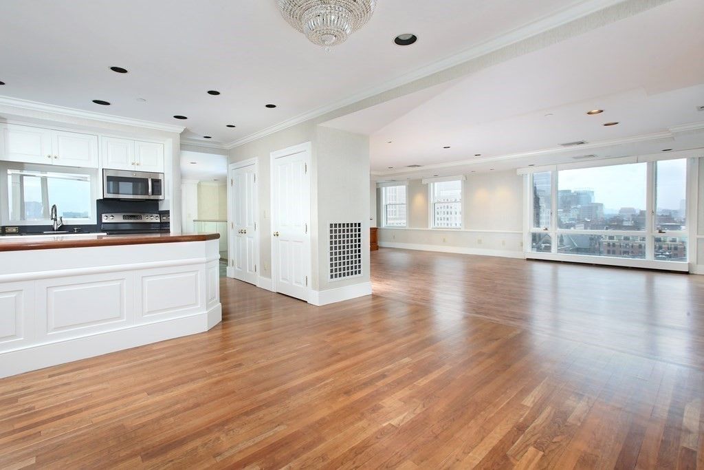 Empty room, Interior, Kitchen, Recessed Lighting, Wood Texture Flooring