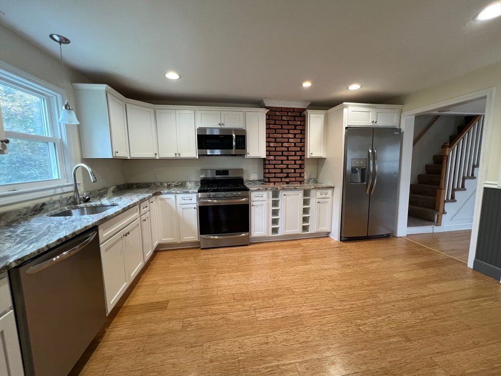 Interior, Kitchen, Pendant Lights, Recessed Lighting, Stainless Steel Appliances, Wood Texture Flooring