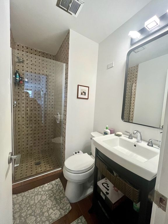 Bathroom, Glass Shower, Interior, Wood Texture Flooring