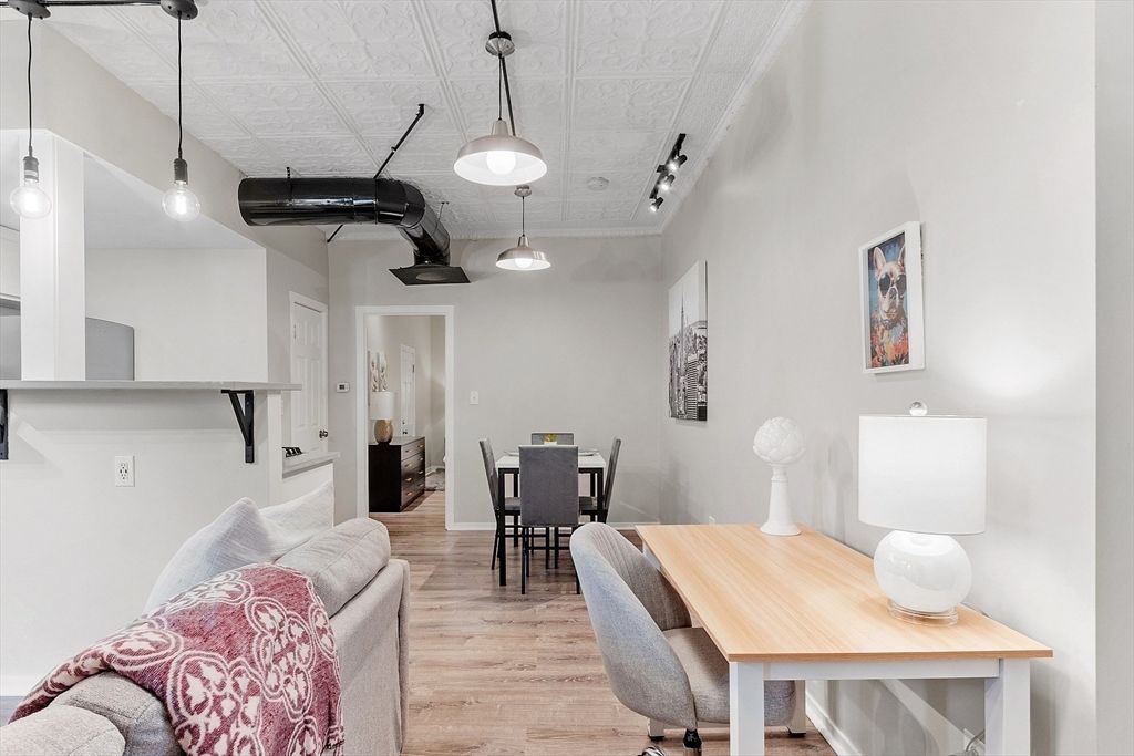 Dining room, Interior, Pendant Lights, Wood Texture Flooring