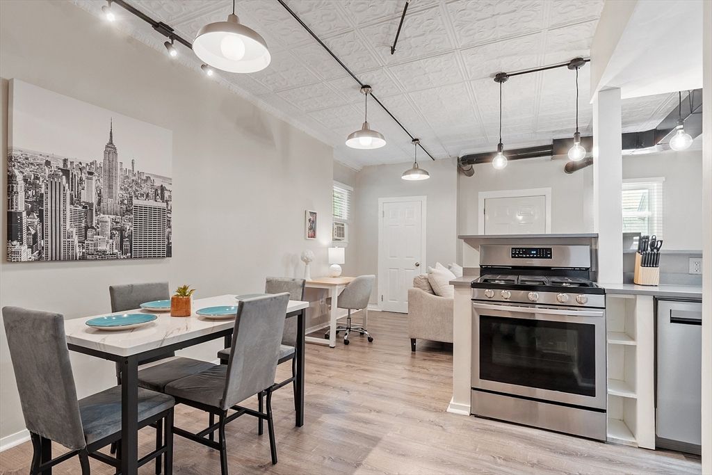 Dining room, Interior, Kitchen, Living room, Pendant Lights, Stainless Steel Appliances, Wood Texture Flooring