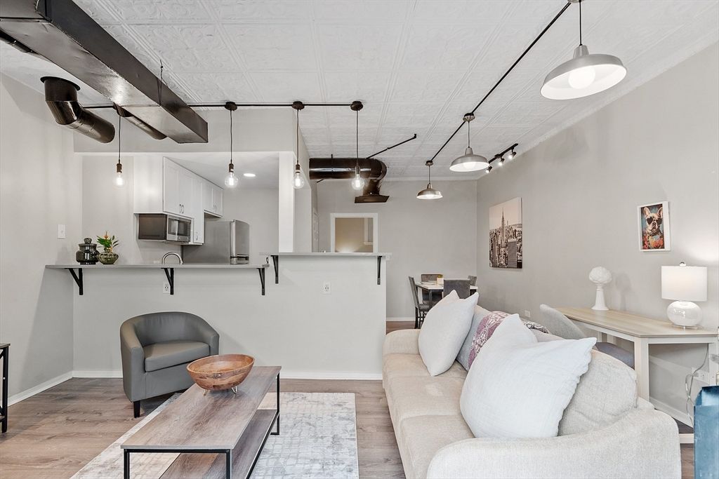 Dining room, Interior, Kitchen, Living room, Pendant Lights, Stainless Steel Appliances, Wood Texture Flooring