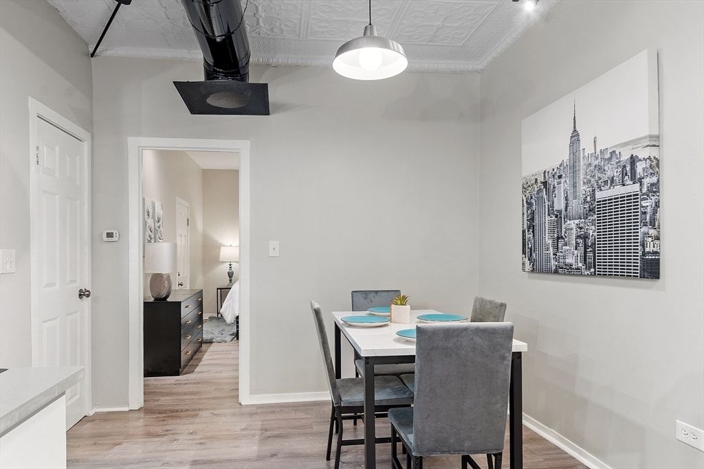 Dining room, Interior, Pendant Lights, Wood Texture Flooring