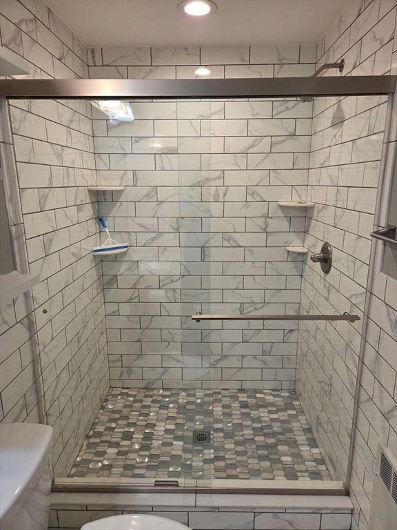 Bathroom, Glass Shower, Interior, Marble Walls, Recessed Lighting