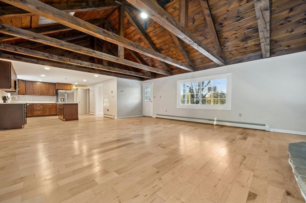 Empty room, Interior, Kitchen, Recessed Lighting, Wooden Beams, Wooden Ceilings, Wood Texture Flooring