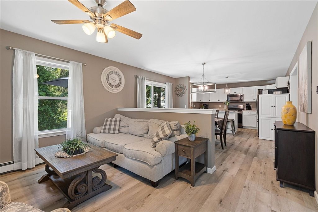 Interior, Kitchen, Living room, Pendant Lights, Stainless Steel Appliances, Wood Texture Flooring