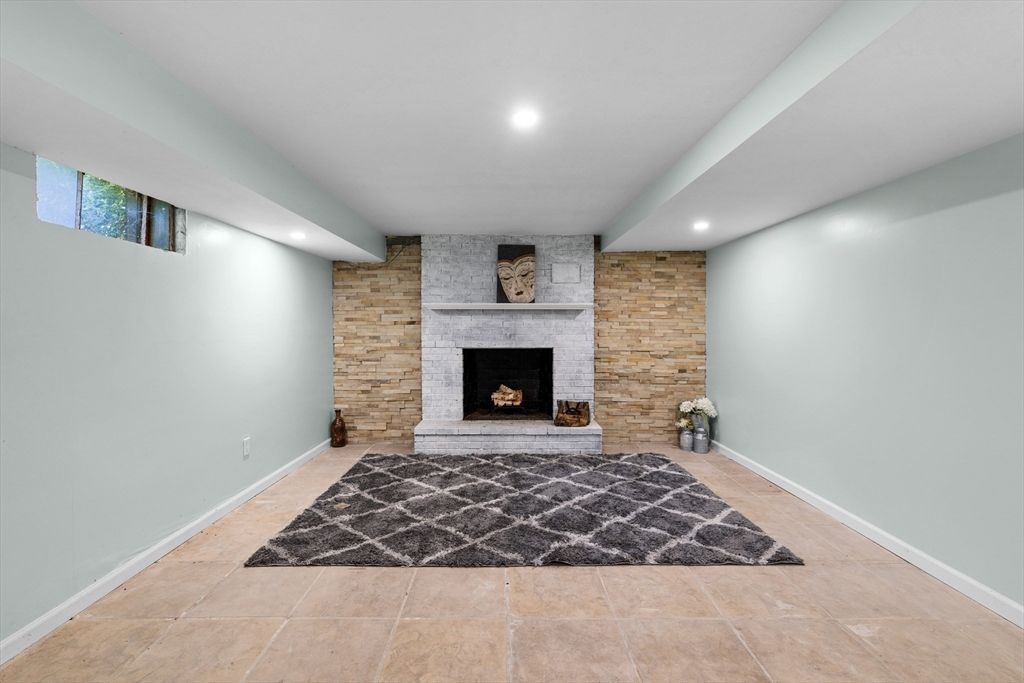 Fireplace, Interior, Recessed Lighting, Stone Walls
